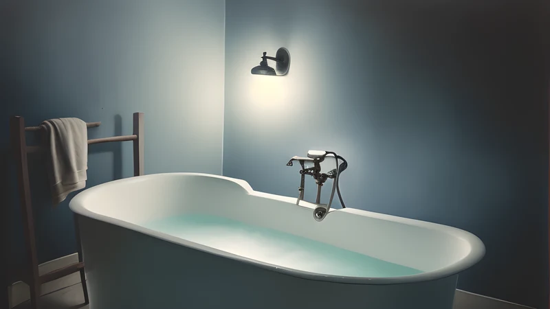 A hotel bathtub filled with melting ice and a scrawled note, lit in cold blue light