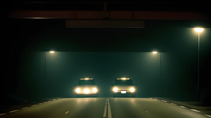 Repertory cinema poster in teal and amber: two headlights burning through smoke on an empty night road, heavy grain and projector haze.
