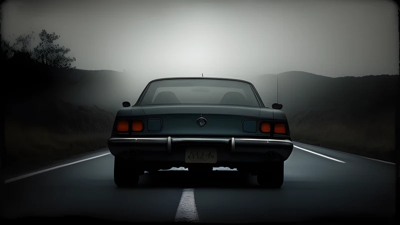 Headlights flaring in a rear-view mirror behind a lone car on a dark highway, a shadowed figure crouched in the back seat
