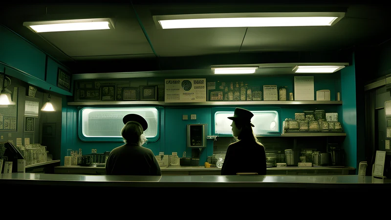 A roadside diner at night, two hats at the counter under a bare fluorescent glow