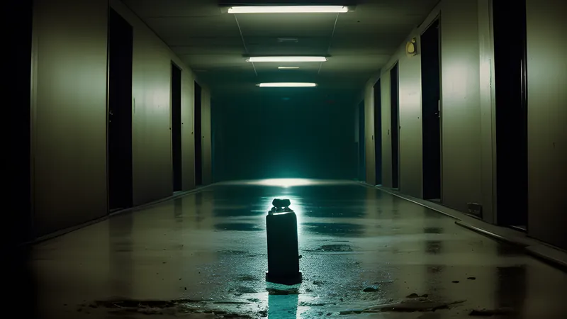A hammer resting on a wet concrete corridor floor under flickering fluorescent light