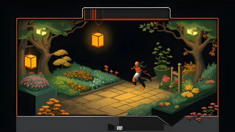 A ninja crossing an isometric garden of stone bridges and koi ponds, glowing in warm amber CRT light