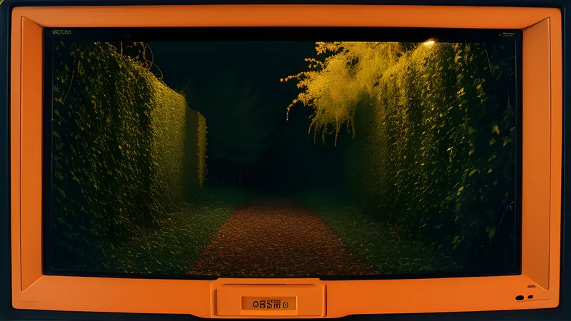An overgrown suburban street reclaimed by vines and drifting spores, amber CRT phosphor bloom