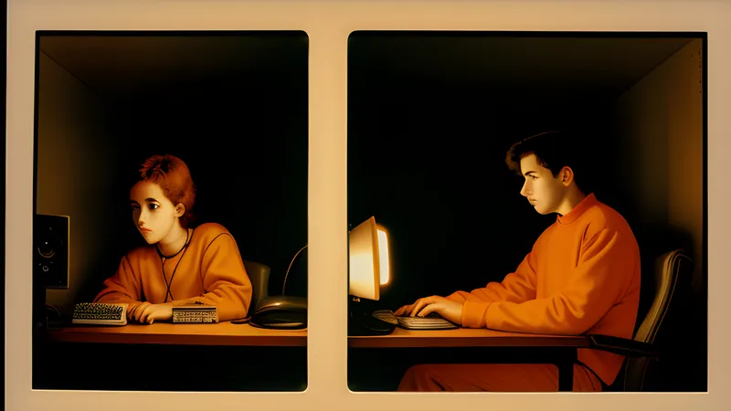 Two figures facing each other across a bleak divide, rendered in CRT amber glow