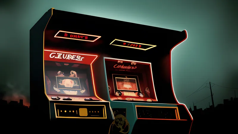 An arcade cabinet glowing amber in a darkened trailer park at night