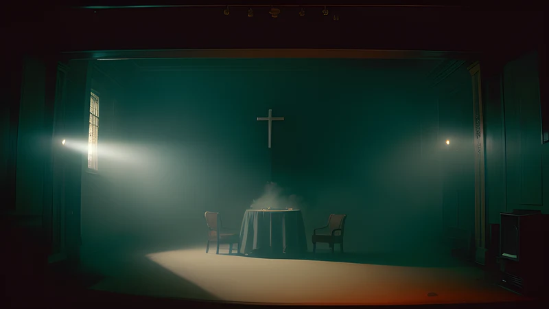 A fog-choked country manor with a chapel doorway sealed over with tape, lit in teal and amber