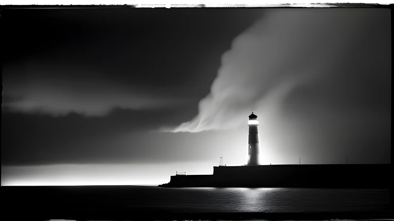 A lighthouse beam raking through storm cloud in high-contrast monochrome