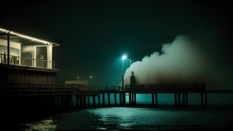 A pier at night beside an aquarium, rendered as a teal-and-amber repertory noir poster
