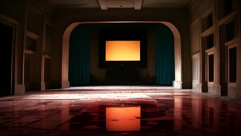 Repertory poster art of a pale woman in a white dress standing in a stone crypt doorway, blood at her feet, teal and amber, projector light through smoke