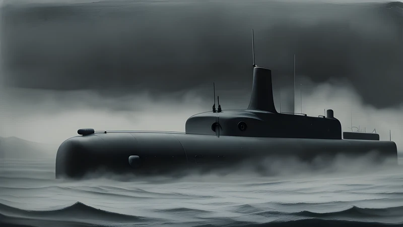 A rippled dark lake with a small toy-submarine model bearing a sculpted head and neck, beside an old plate camera