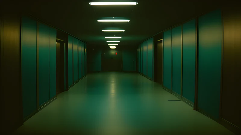 An empty corridor receding into darkness, one lamp burning, teal and amber, projector light through smoke