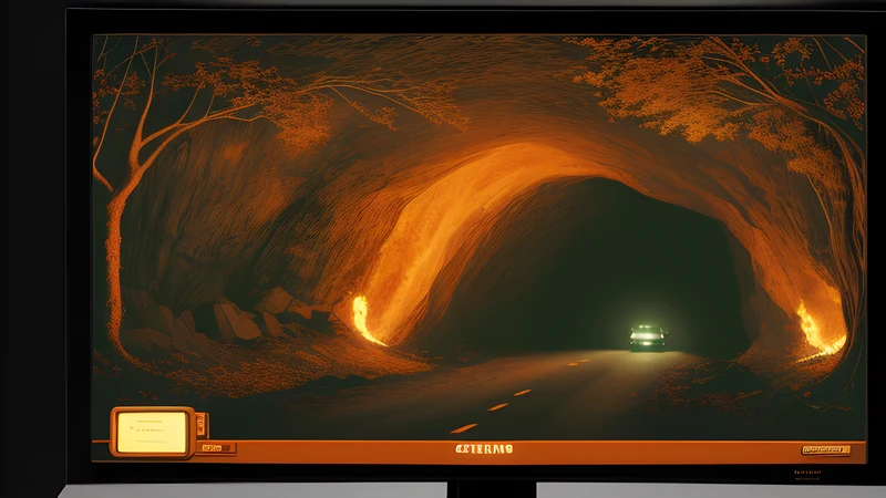 A branching cave map with a blinking cursor at its mouth, drawn in amber phosphor glow with scanlines