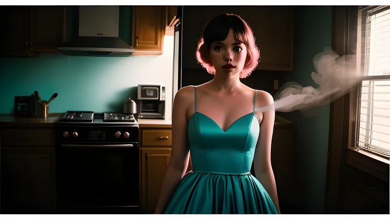 A pink prom dress hanging in a suburban kitchen under a single bare bulb