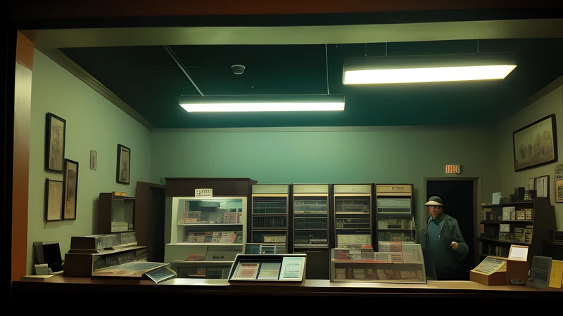 A dim pawnshop counter at night, shuttered window, single hanging lamp