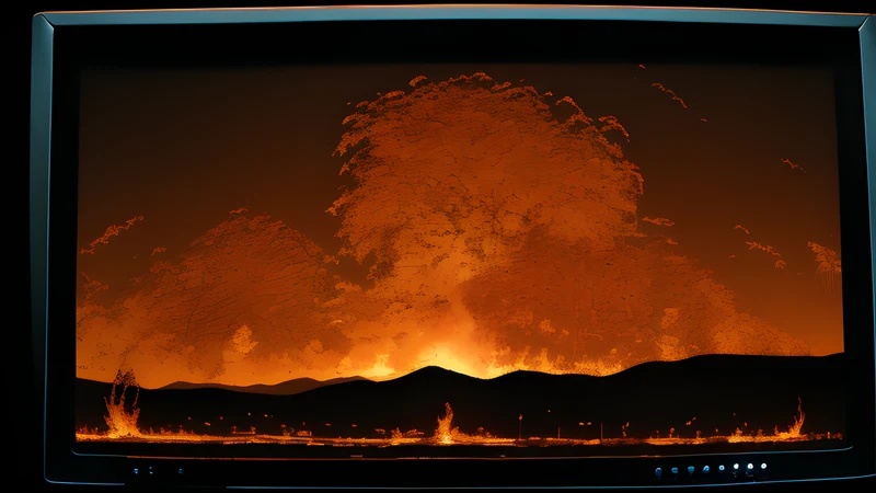 A folded paper map glowing above a dark landscape, amber CRT light and scanlines