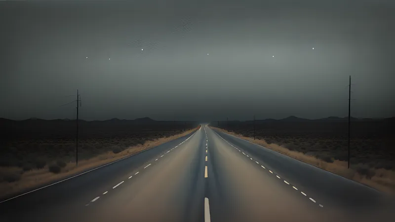 Distant floating pale lights hovering over a flat Texas desert horizon at dusk beside a lonely highway