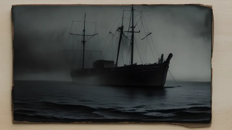 An empty wooden ship deck adrift on a calm grey sea, with an untouched table set below decks and no crew in sight