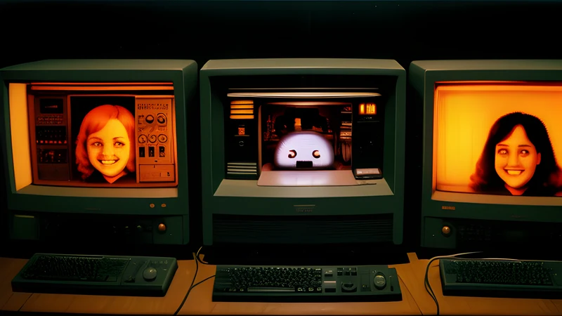 A row of identical grinning cartoon sprites fading out into amber CRT scanlines