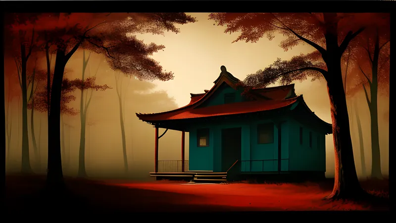A forest shrine draped in red cloth at dusk