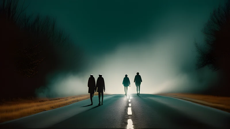 Two pilgrims walking a long French road, rendered as a grainy repertory cinema poster in teal and amber