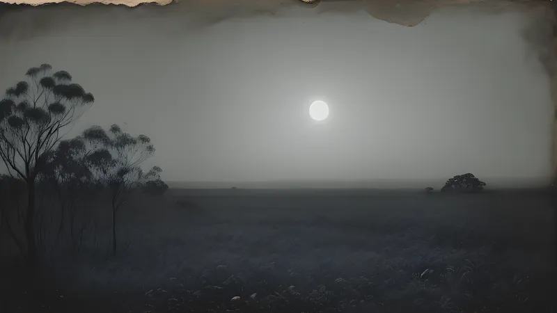 A single pale light hovering over dark Australian outback scrub under a vast starry sky