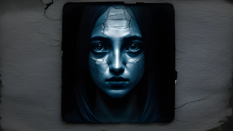 A distorted bird-woman face with bulging eyes glowing on a cracked phone screen in a darkened room