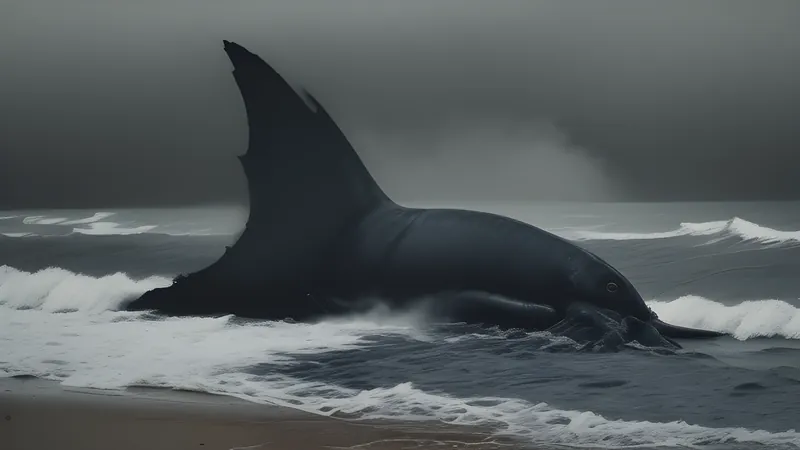 A bloated hairless carcass on a beach with phone cameras raised over it