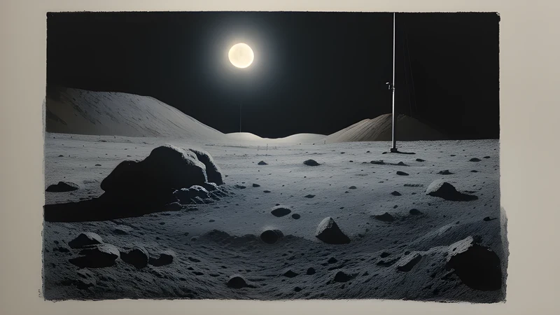 A lunar surface with shadows falling in mismatched directions beside a film studio spotlight rig