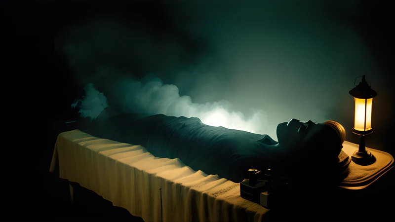 A sarcophagus with its lid pushed ajar, lit by a single oil lamp in the dark
