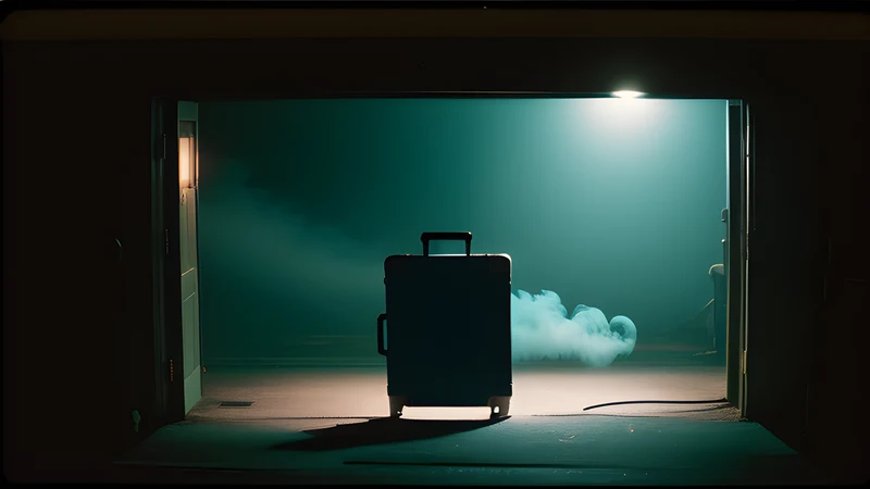 An empty small-town street at night with a suitcase and a discarded wig on the pavement, teal and amber poster style