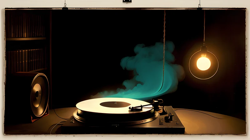 A record needle lowering onto vinyl in a smoky room, teal and amber, projector light through smoke