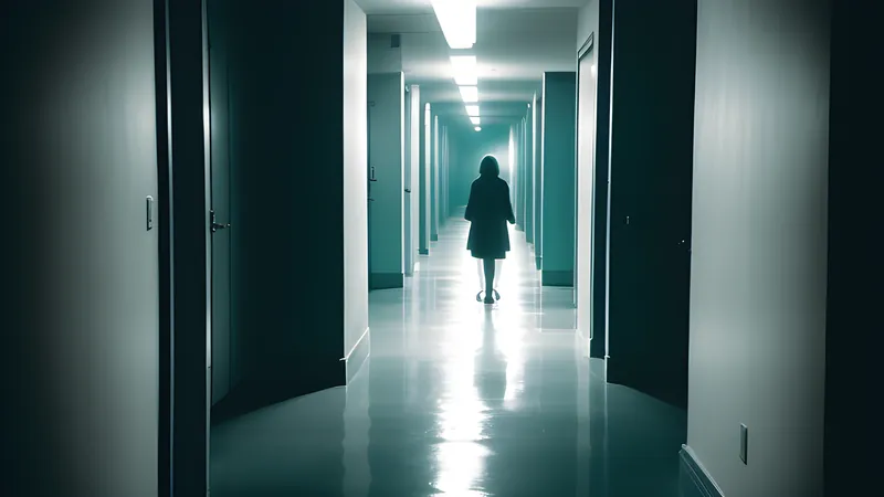 A stark white suburban hallway with a single dark handprint under harsh flat lighting