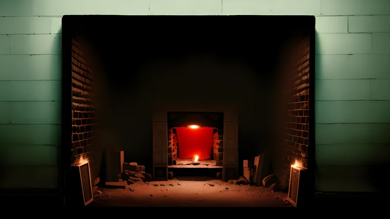 A crypt of English stone with red hair caught on the ironwork, teal and amber repertory-poster lighting