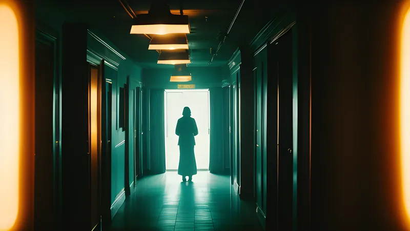 An empty hotel corridor at night with a single lamp and a long shadow, repertory cinema poster in teal and amber with heavy grain