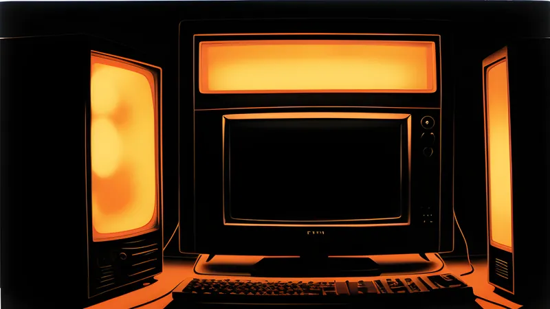 A three-pronged control shape held in silhouette against a flickering television glow