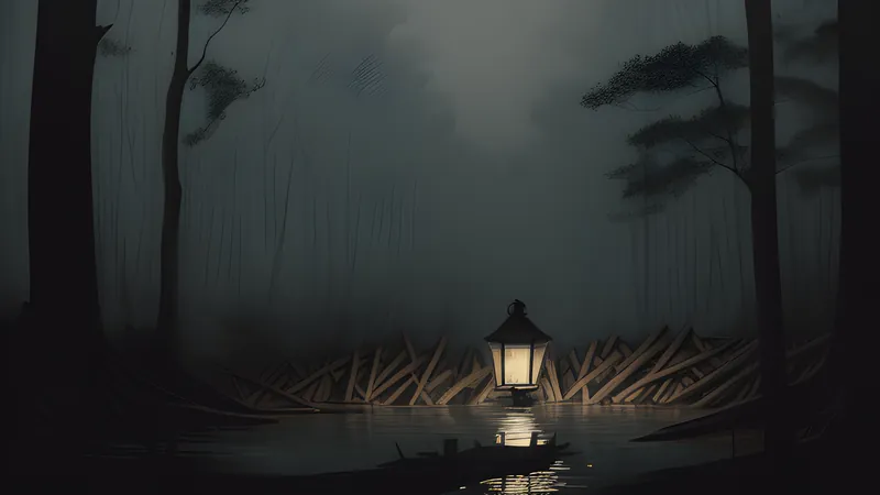 A dark flooded excavation shaft on a wooded island lit by lantern light