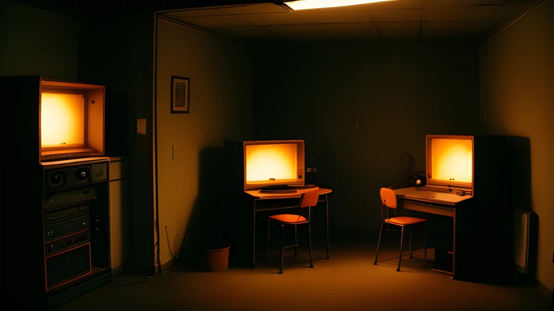 A single lit room photographed from directly above, amber lamplight pooling on a bare desk