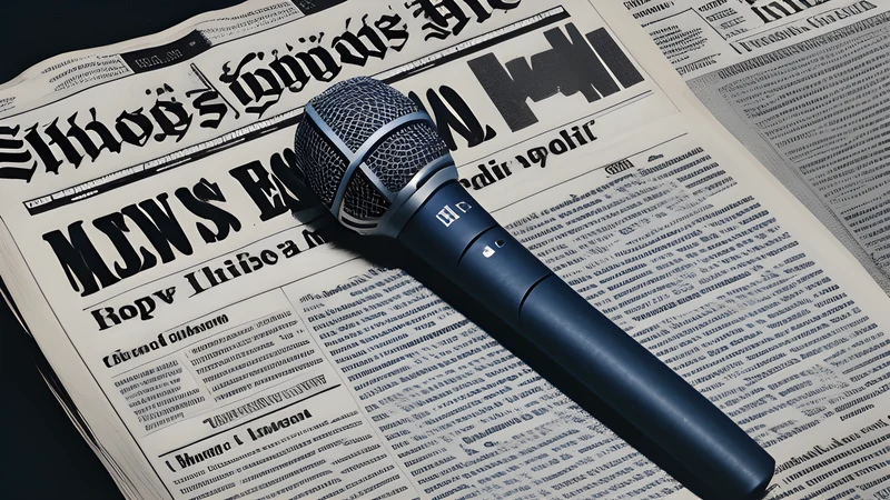 A vintage radio microphone lit in studio shadow beside lurid newspaper panic headlines