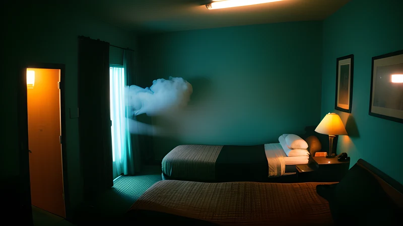 A motel room with a shotgun laid on the bed beside an open case of cash
