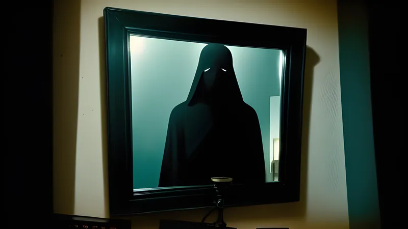 A Roman apartment mirror reflecting a black-veiled figure, teal and amber repertory-poster lighting