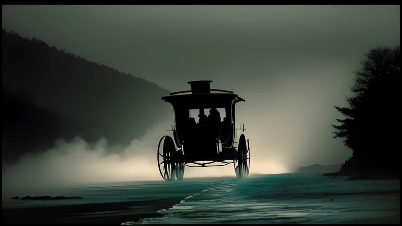 A translucent horse-drawn carriage of mist crossing a moonlit shoreline