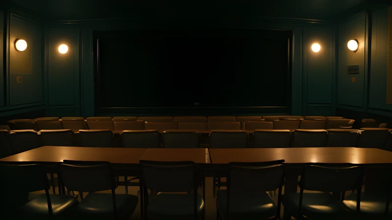 A bourgeois dining room arranged wrongly, rendered as a grainy repertory cinema poster in teal and amber