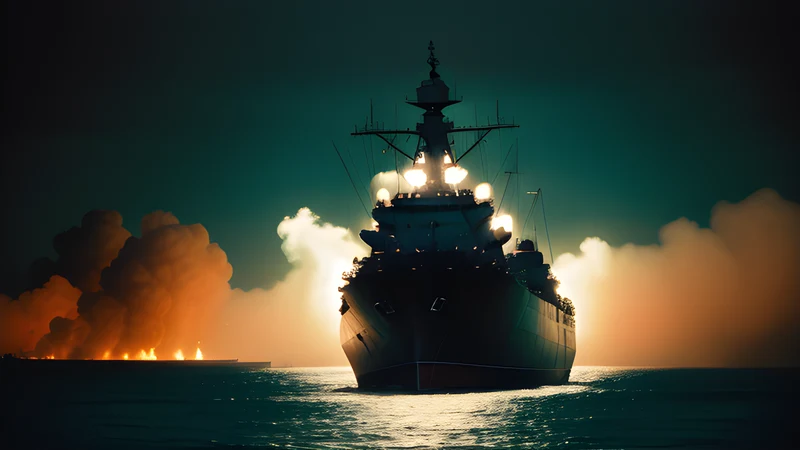 A warship at a dock wrapped in green fire