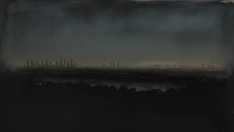 A V of bright lights hanging over a nighttime desert city skyline, with distant flares descending behind dark mountains