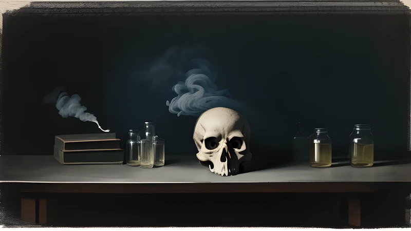 A stained composite skull on a laboratory table beside curling pipe smoke, in muted indigo Edwardian light