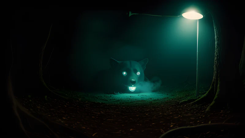 A dark woodland pit ringed by roots, small pairs of eyes glowing up out of the blackness at the bottom