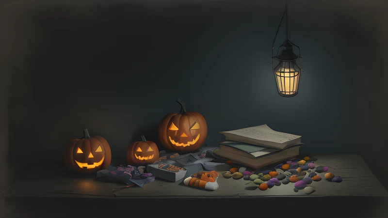 A scattered pile of Halloween sweets under a single harsh interrogation lamp casting a hard shadow
