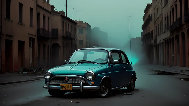A battered Fiat abandoned across a Roman street at night with a revolver lying on the wet tarmac, teal and amber light