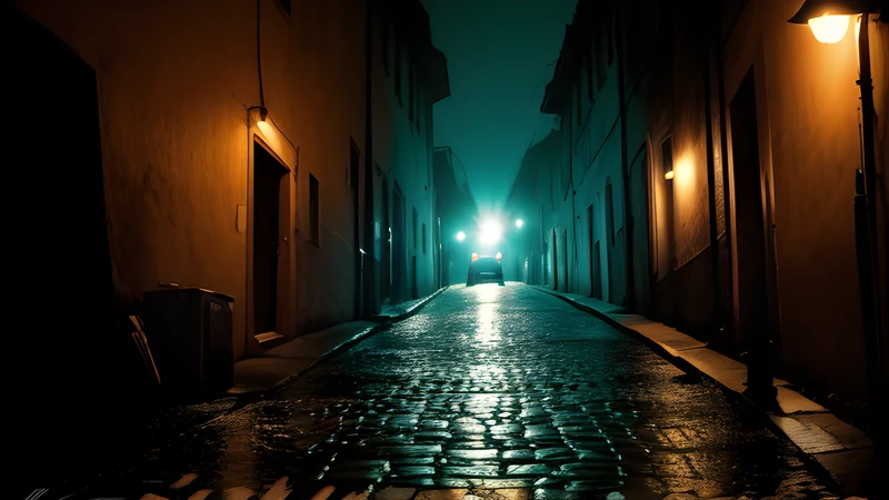 A dented Alfa Romeo skidding through a Milanese underpass, teal and amber, projector light through smoke
