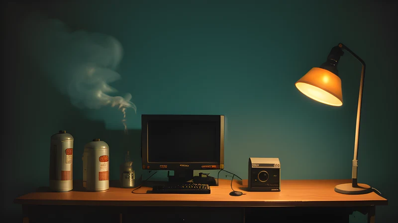 A censor's scissors casting a monstrous shadow across a film strip, teal and amber, projector haze